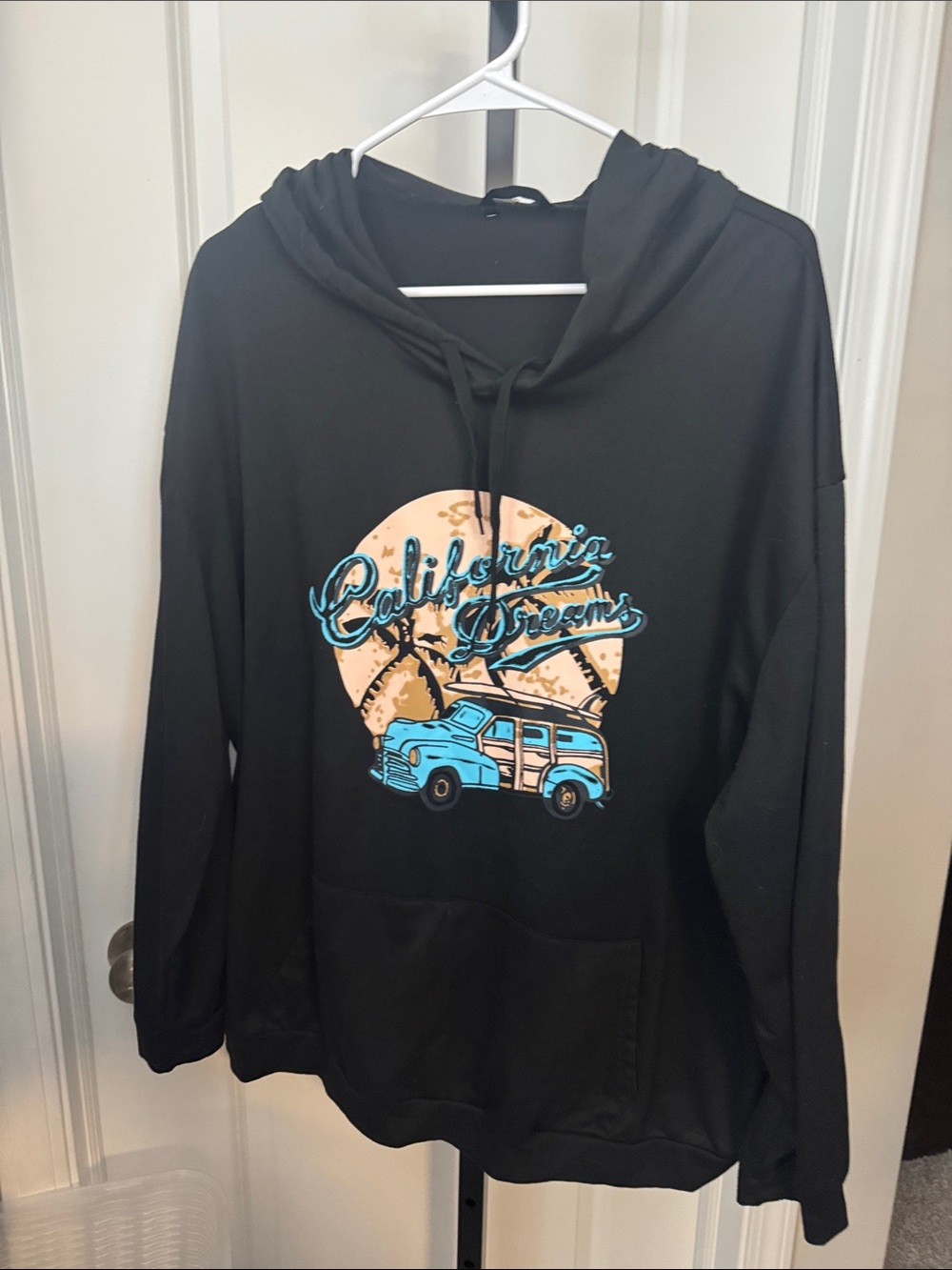 SHEIN Black Hoodie with Teal and Peach Surf Graphic